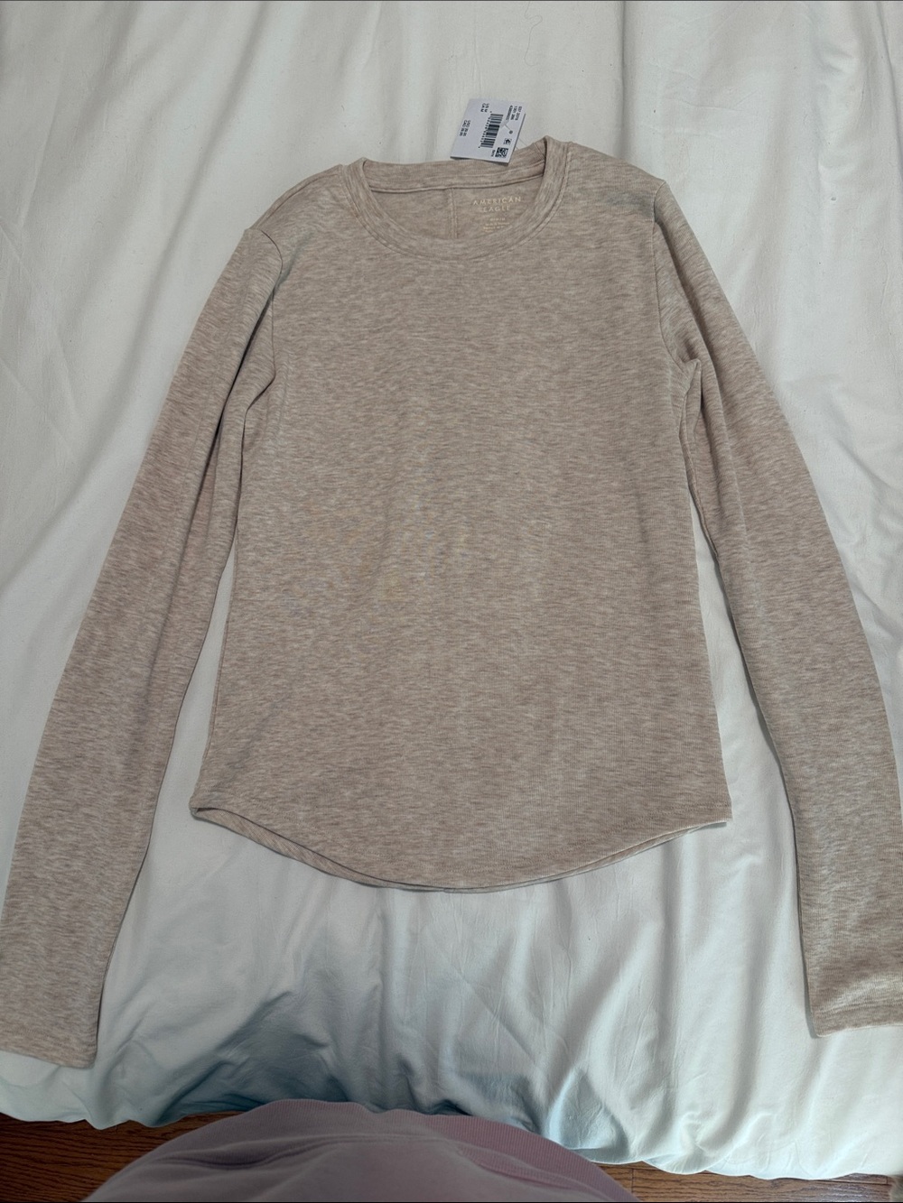 American Eagle Outfitters Long Sleeve Crewneck Top in Light Beige Heather NWT